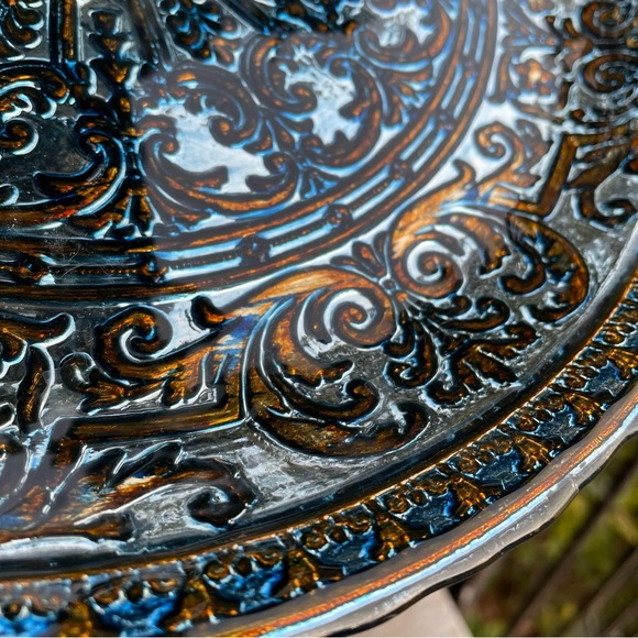Antiqued Blue Silver Foil Embossed Glass Cake platter - Picture 3 of 16
